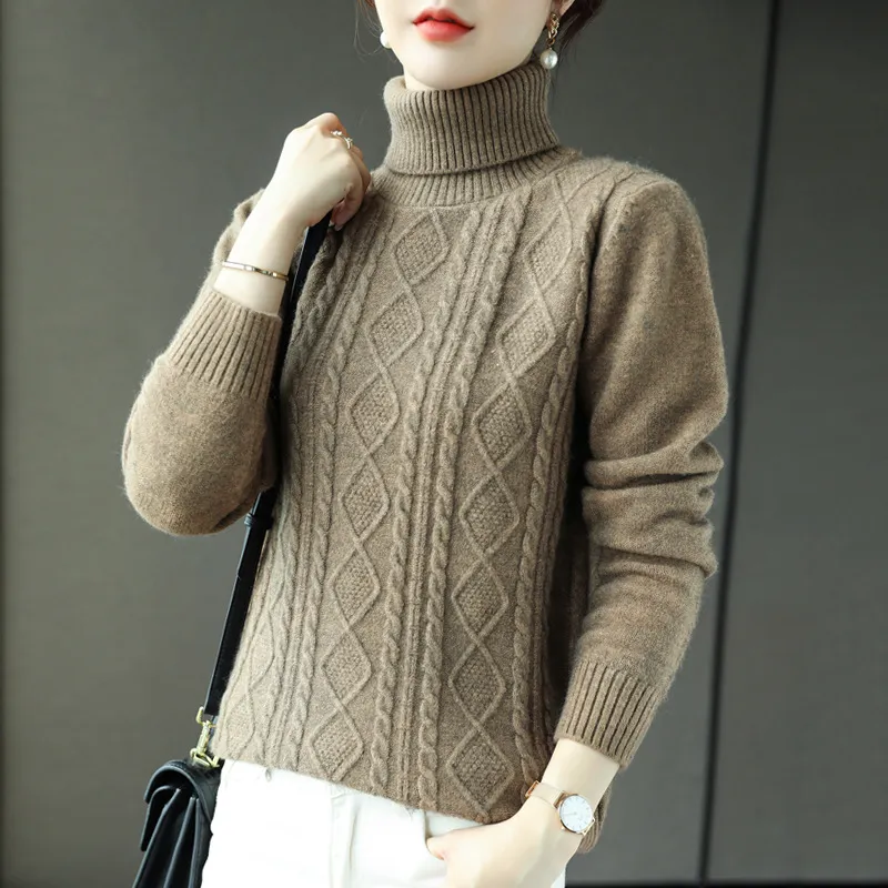 Turtleneck Cashmere Sweater Women's Wear Autumn And Winter Thick Warm Casual Top - Light Coffee