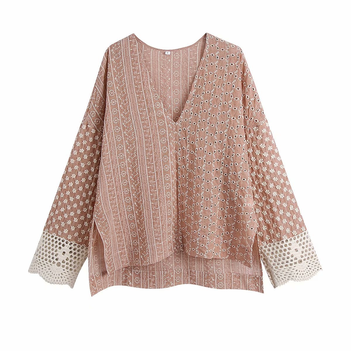 Foreign Trade  Wholesale Cuff Lace V-neck Hollow Embroidery Shirt Fashion Loose Casual Outer Wear Top