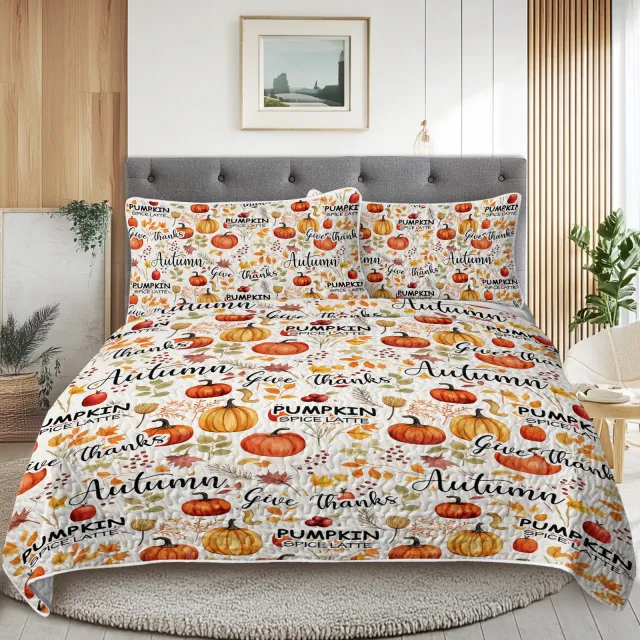 Pumpkin Autumn Leaves Print Quilt Set 1 Quilt, 2 Shams Queen - Shop at LoveMi