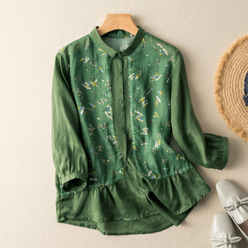 Literary Retro Design Temperament Lapel Three-quarter Sleeve Thin Top