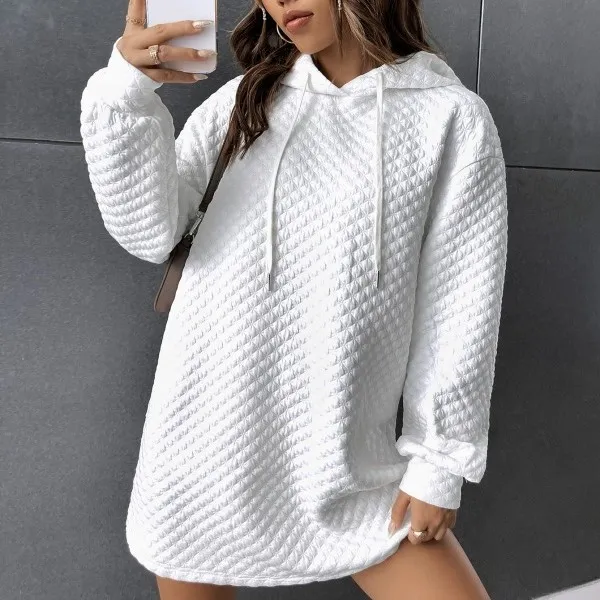 Waffle Casual Loose fitting Hoodie Drawstring Sweatshirt White - Shop at LoveMi