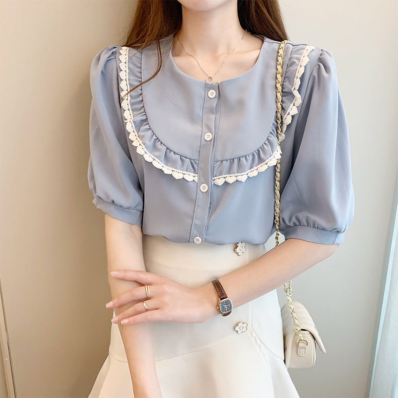 Short-sleeved Shirt With Wooden Ears, Sweet Chiffon Shirt