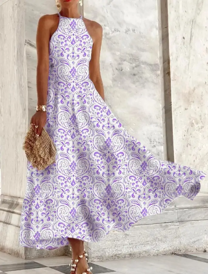 Printed Suspender Waist Long Swing Dress