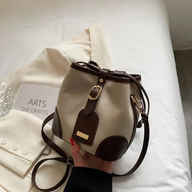 New Trendy Bucket PU Leather Handbag For Women Luxury Messenger Shoulder Bag Beige - Shop at LoveMi