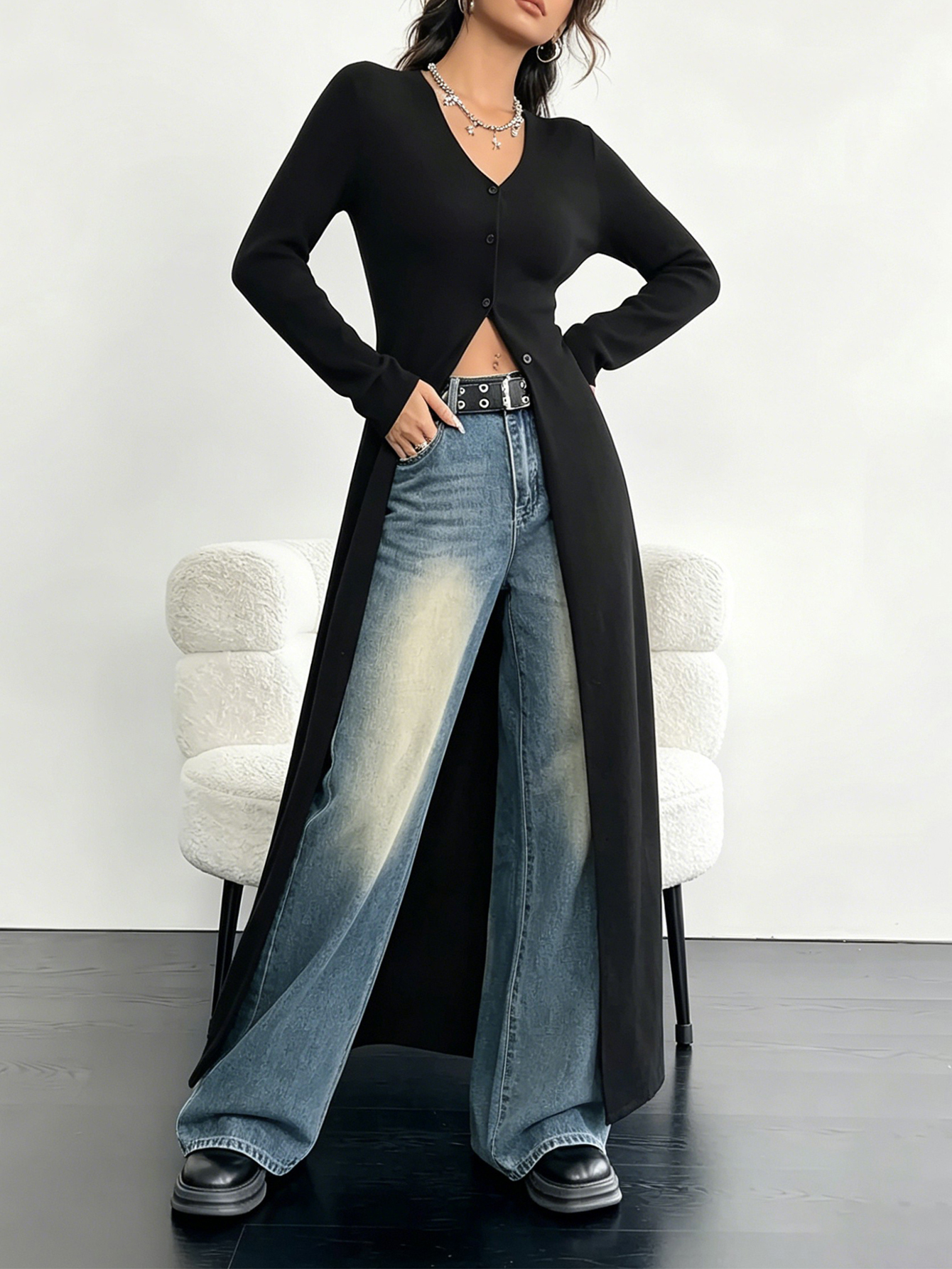 Women Knitted Long Open Front Coat V Neck Button Long Sleeve Slim Fit Maxi Cardigan