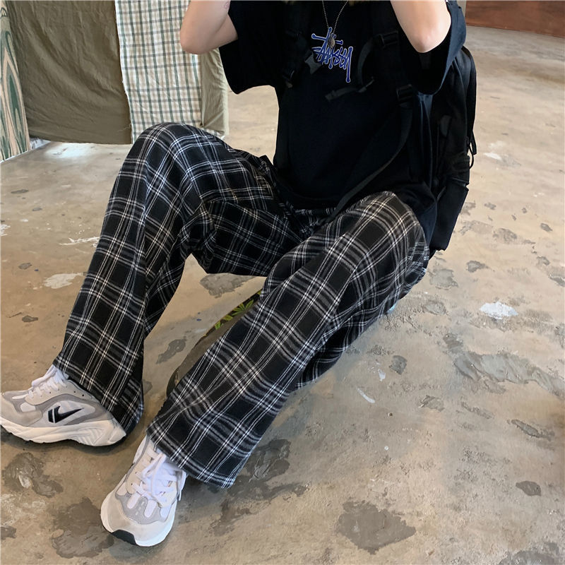 Retro Plaid Tooling Straight High Waist Pants