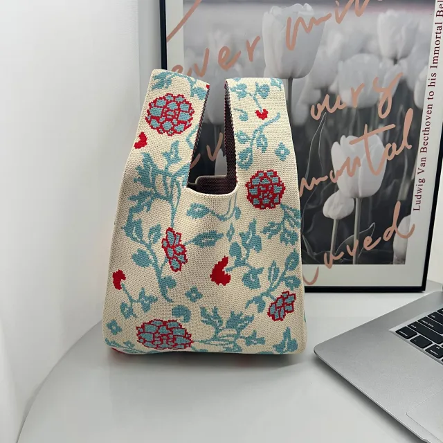 Girl's Floral Patchwork Knitted Handbag One Shoulder Knitted Beige - Shop at LoveMi