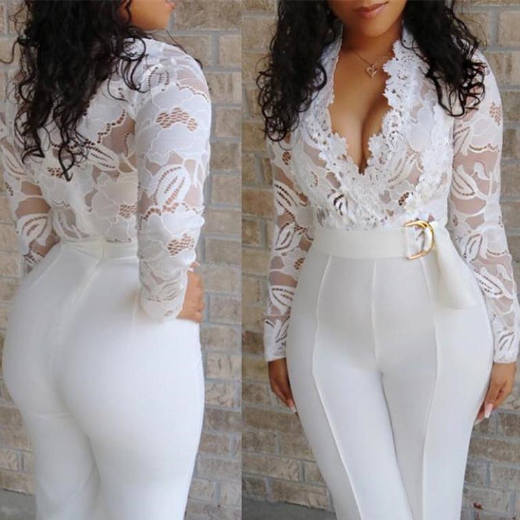 Women's Long Sleeve Lace White Jumpsuit - Image 2