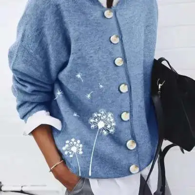 Women's Cardigan Top Cashmere Wool Printing Long Sleeved Sweater Women Blue B - Shop at LoveMi
