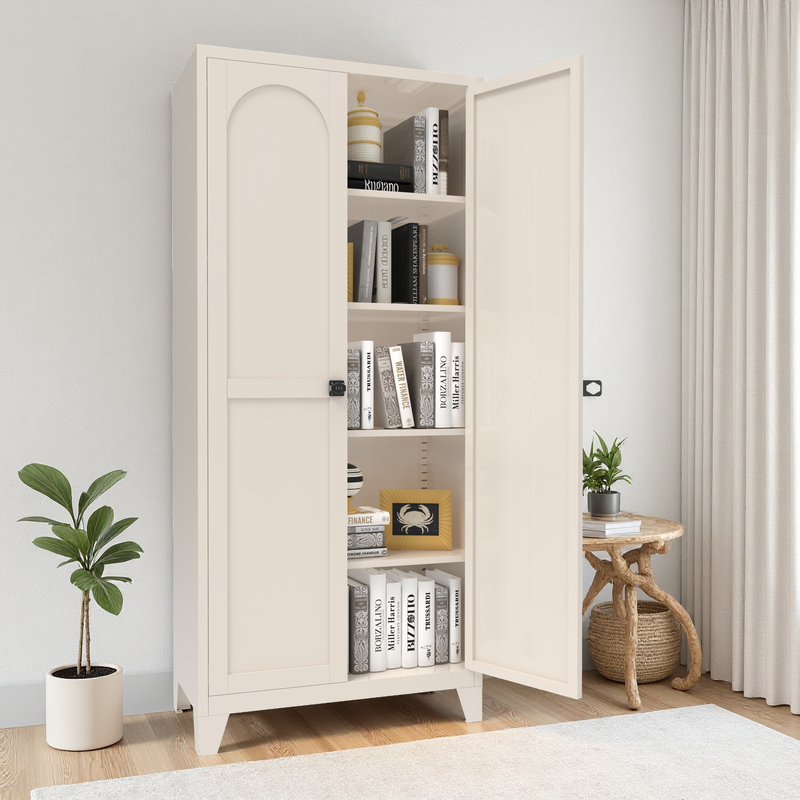 71in 2-Door Cabinet With Lock, Metal Storage Cabinet W Adjustable Shelves, Beige For Kitchen Bedroom Living Room,Beige 3