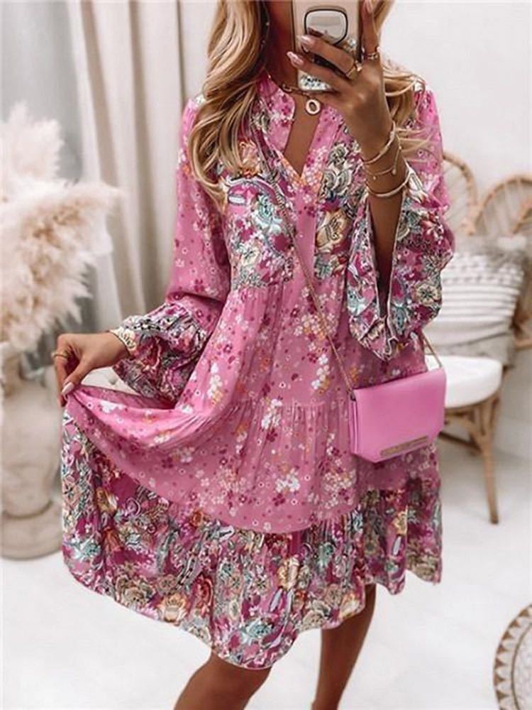 Boho Floral Patchwork Long-Sleeve Mini Dress — product details and sizing image 3
