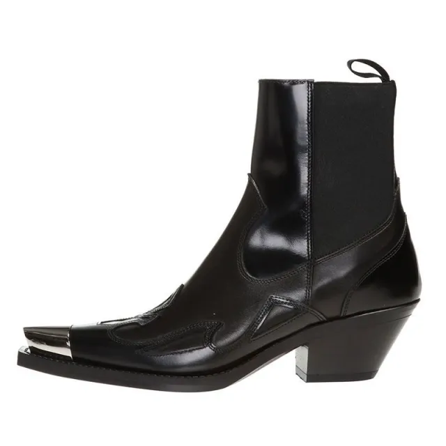 Metal Pointed Rivets Leather Ankle Boots Chunky Heel Black - Shop at LoveMi