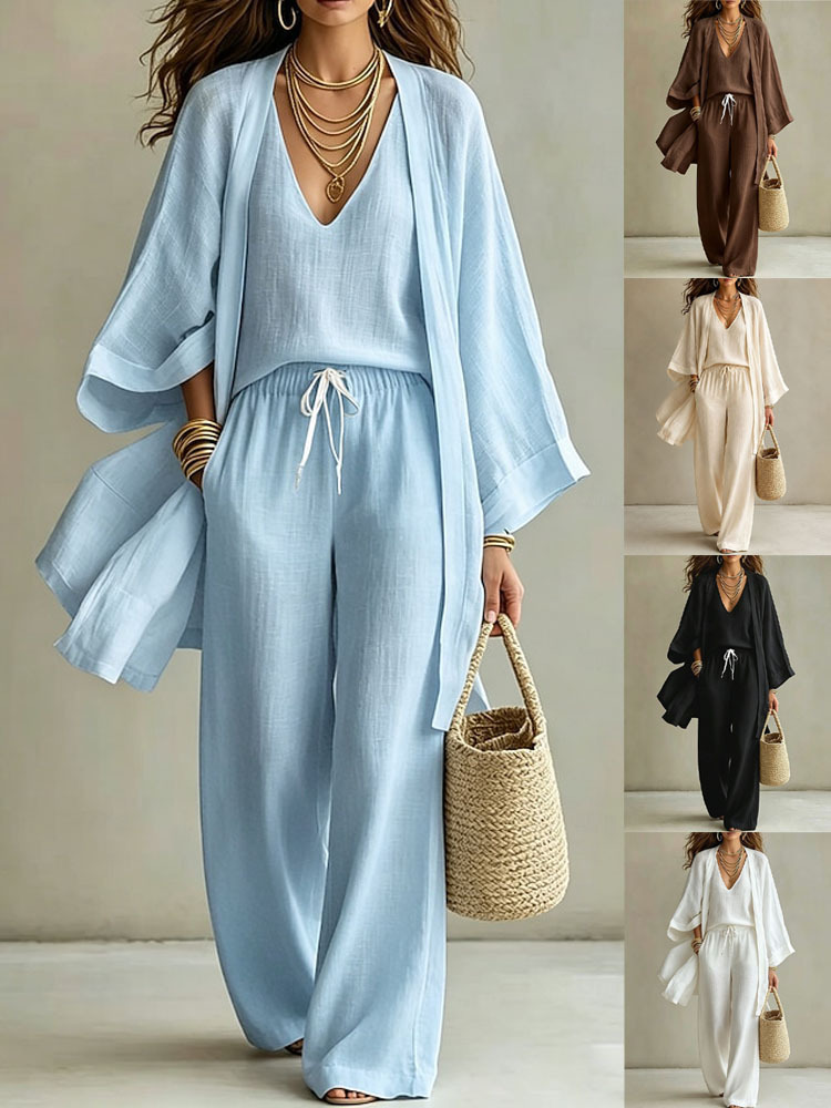 Women's Casual 3 Piece Outfit V-Neck Cami Top Open Front Cardigan And Drawstring Wide Leg Pants Set For Summer 7