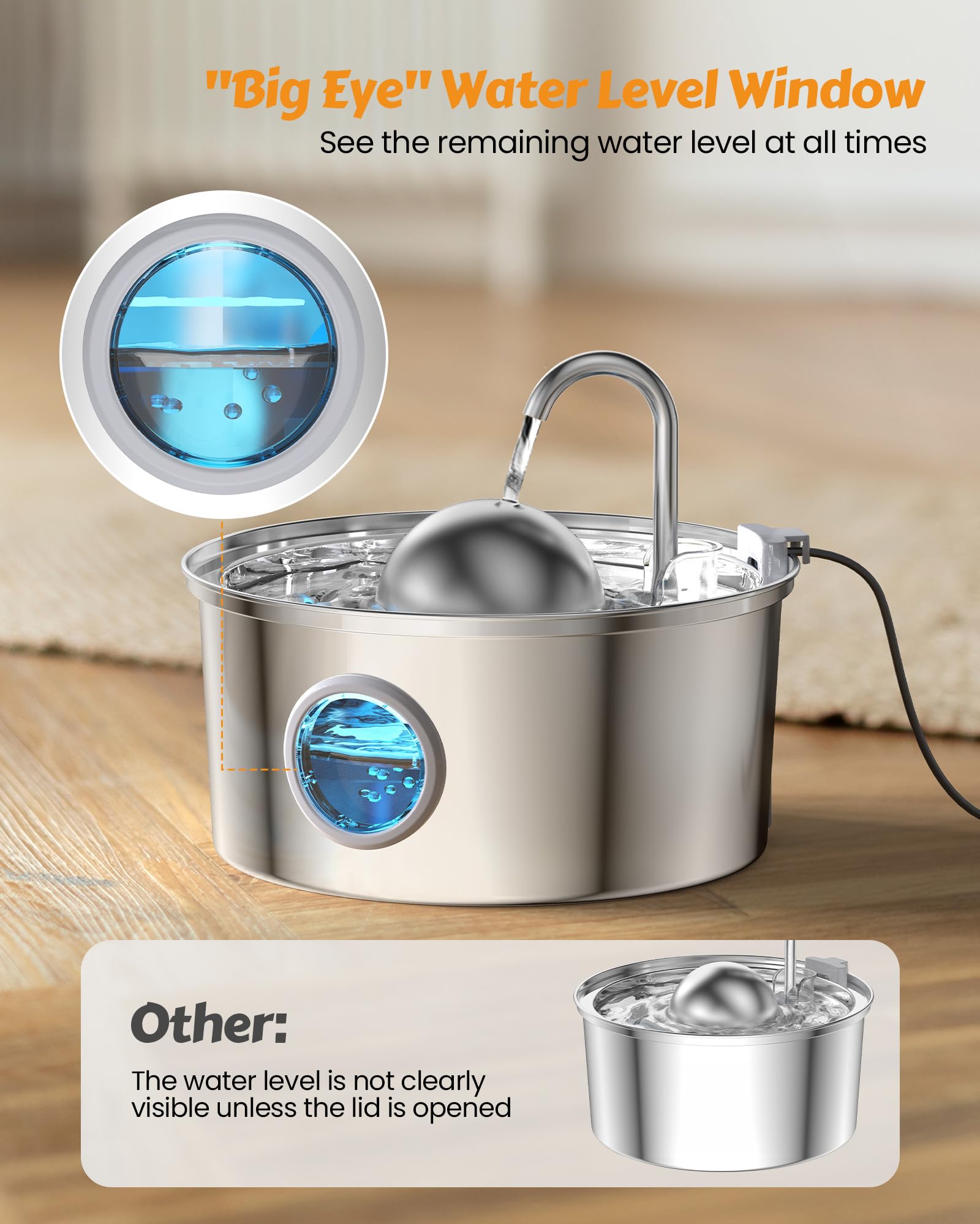 At Water Fountain Stainless Steel, 108oz 3.2L Cat Fountain, Pet Water Fountain With Water Level Window, Hemispherical Shape, Multi-Filter, Silent Pump, Water Tap, Provides Flowing Water thumbnail 2