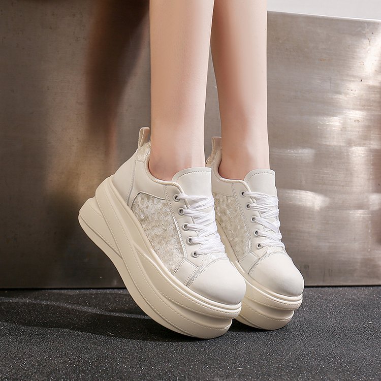 Women Glitter Sequin Panel Platform Sneakers Faux Leather Multi Layer Thick Sole Lace Up Chunky Trainers Round Toe Pull Tab Low Top Sparkly Street Fashion Daily Casual Shoes 2
