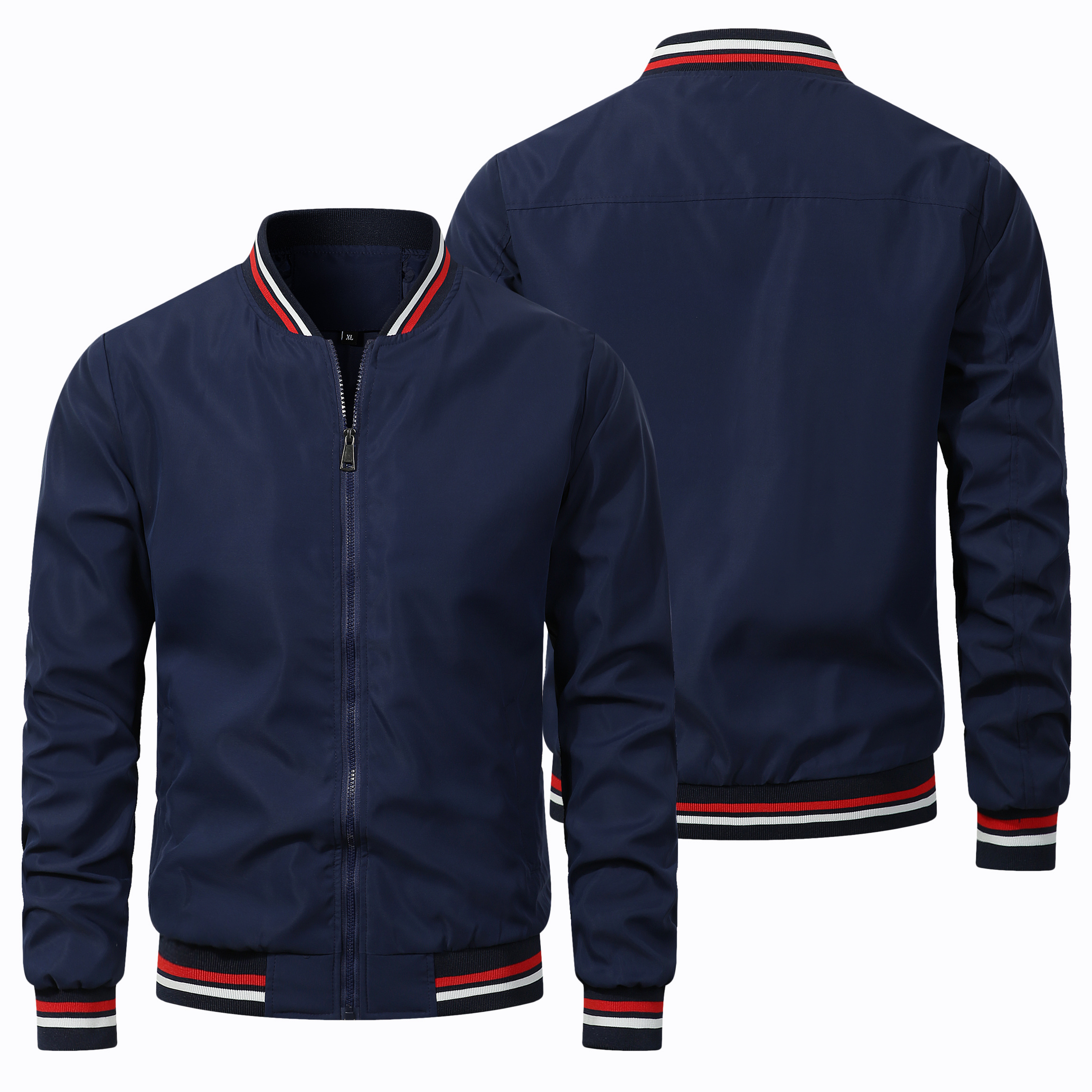Men's Classic Striped Rib Cuff Bomber Jacket Casual Zip Up Lightweight Windproof Baseball Jacket Solid Black Outdoor Daily Wear Coat