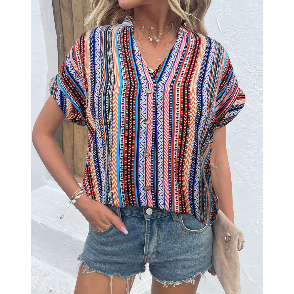 Women's Casual Color Striped Button Short Sleeve Shirt