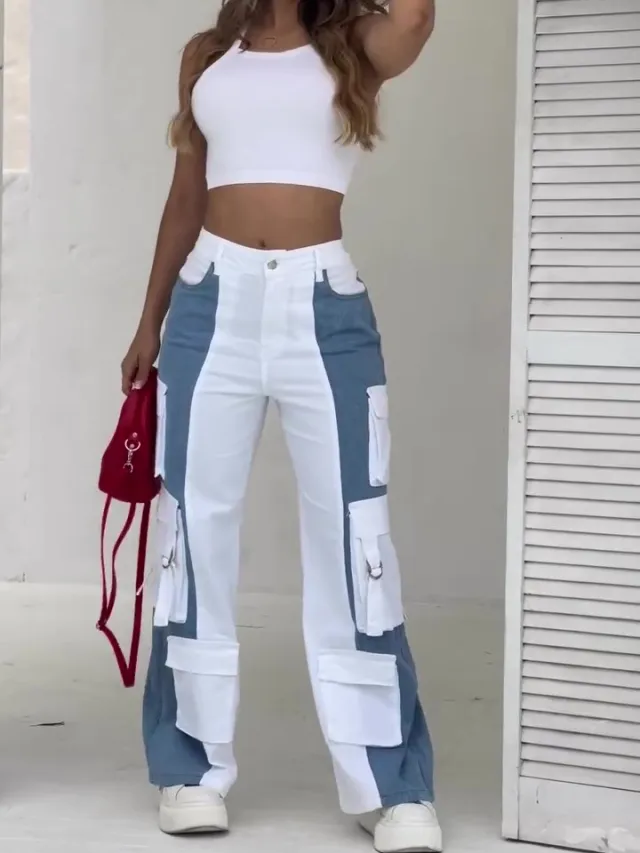 Contrast Pocket Cargo Jeans White - Shop at LoveMi