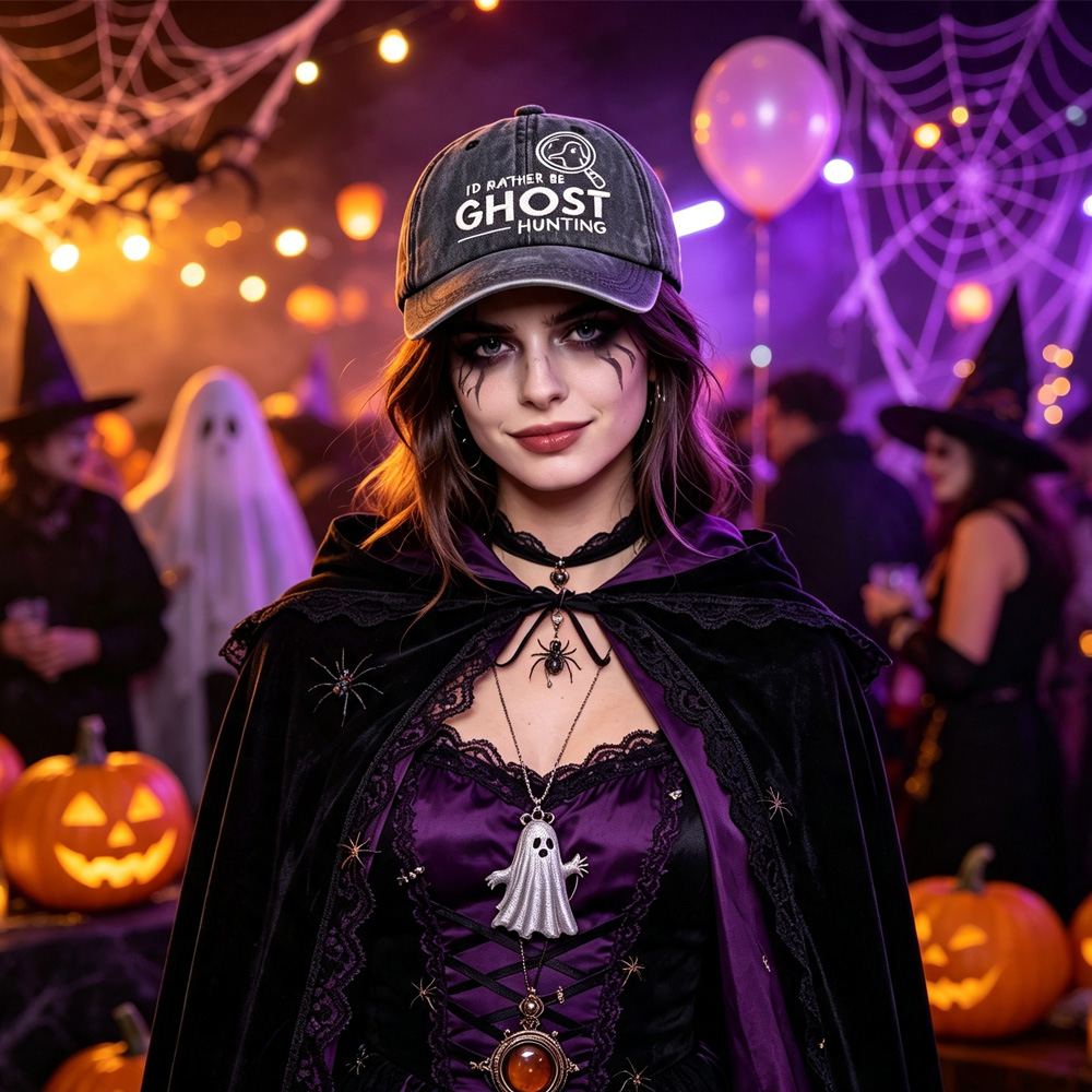2pcs I'd Rather Be Ghost Hunting Embroidered Baseball Cap, Vintage Washed Distressed Hat, Halloween Ghost Hunter Costume Accessory