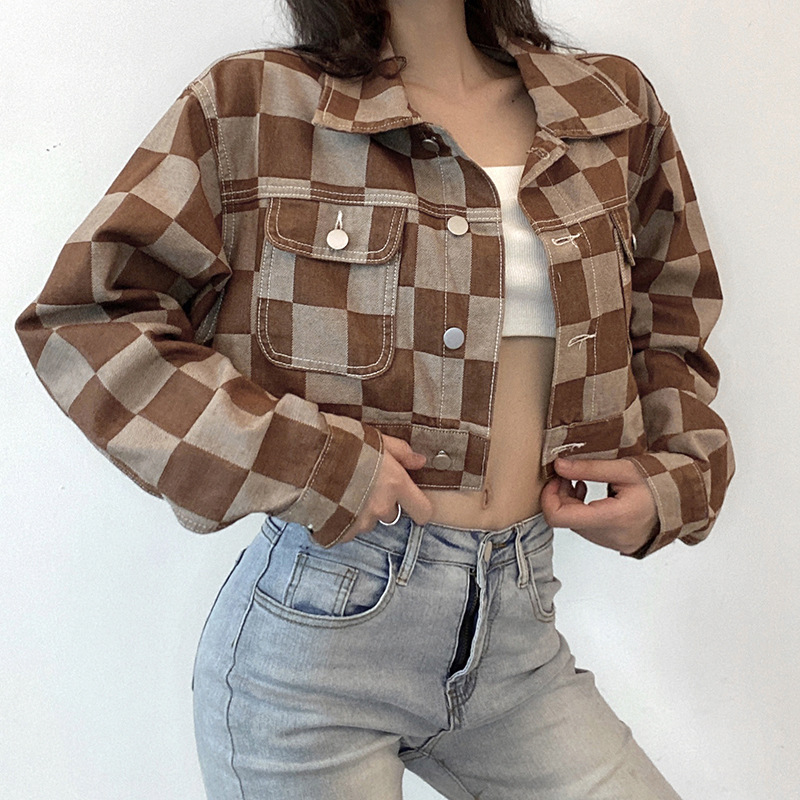 Ladies Plaid Single-breasted Washed Short Denim Jacket