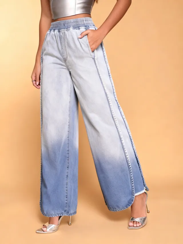 Light Blue Ombre Wide Leg Jeans With Elastic Waist Light Blue - Shop at LoveMi