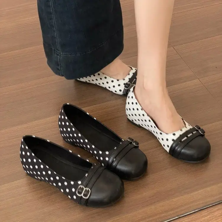 Women Polka Dot Mary Jane Flats Cap