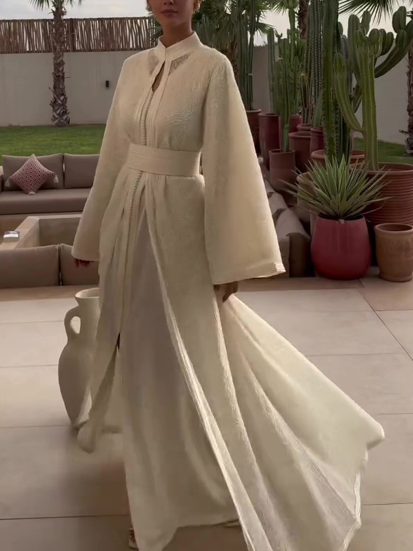Cream Embroidered Stand Collar Tie-Waist Slit Robe Dress