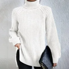 Turtleneck Pullover Sweater With Split Design Fashion Simple Solid Colour Long Sleeve Tops Women's Clothing - White - View 1