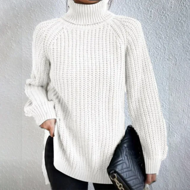 Turtleneck Pullover Sweater With Split Design Fashion Simple Solid Color Long Sleeve Tops Women's Clothing White - Shop at LoveMi