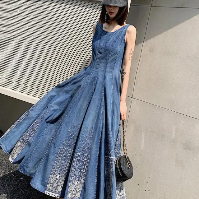 Summer Denim Dress Sleeveless Thin Embroidery Blue - Shop at LoveMi