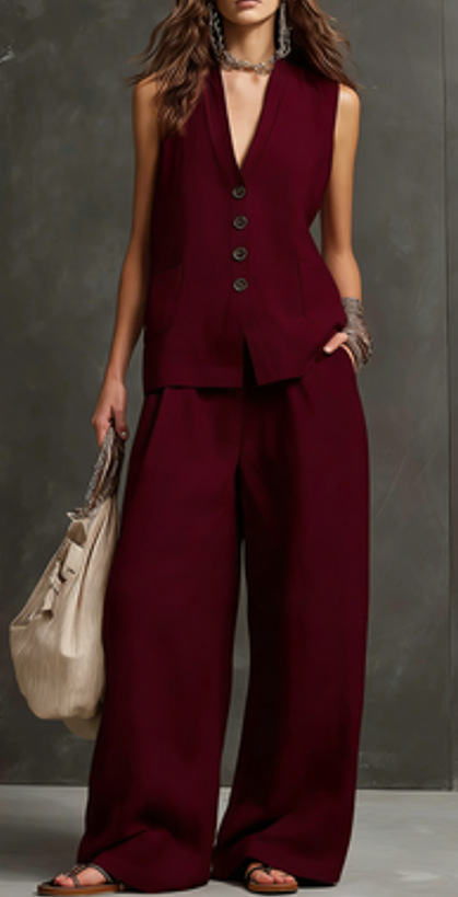 Women's Linen Two-Piece Set in Burgundy – sleeveless vest and wide-leg pants resort outfit