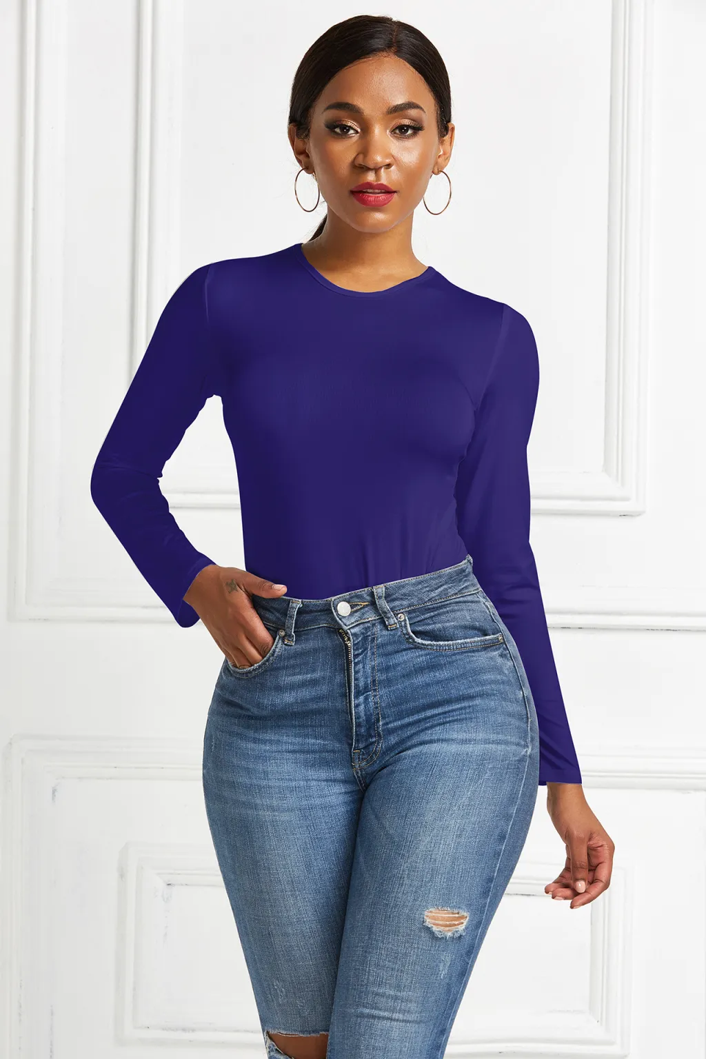 Bodysuit Women's Solid Color Long-sleeved Round Neck Bottoming Shirt Top - Dark Blue