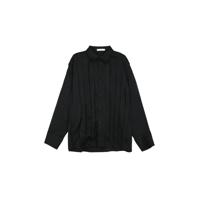 Small Pleated Texture Design Lapel Shirt - Black