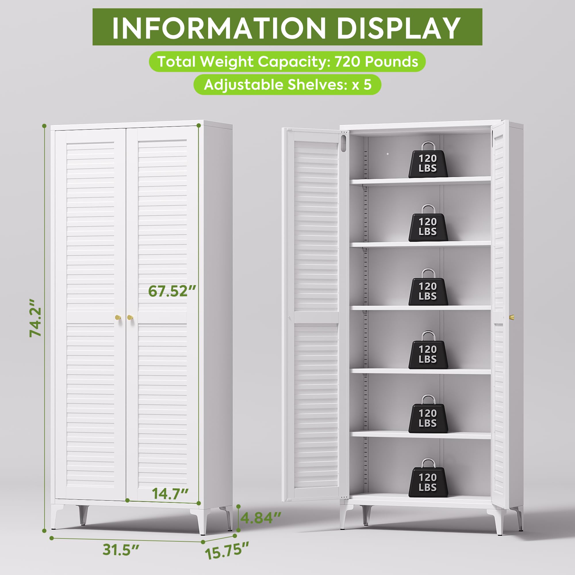 74inch H Metal Pantry Cabinet, Kitchen Pantry Storage Cabinets With 5 Shelves, For Home Office Bathroom, Required Assembly, White