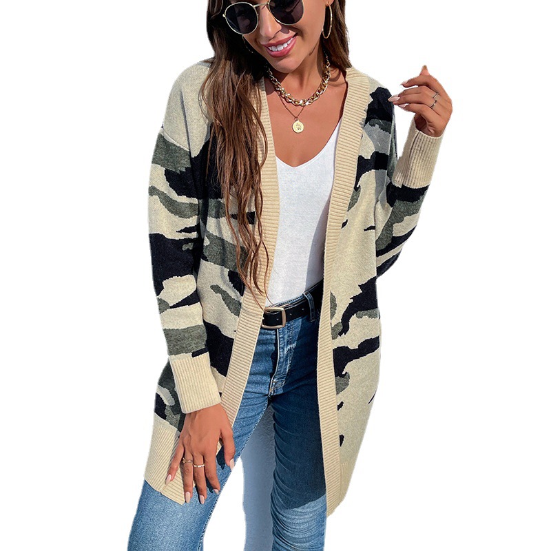 Knit Sweater Women's Long Camouflage Sweater Cardigan