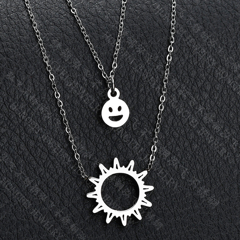 Japan And South Korea Simple Personality Hollow Evil Force Sun Pendant Smiley Face Multi-layer Chain