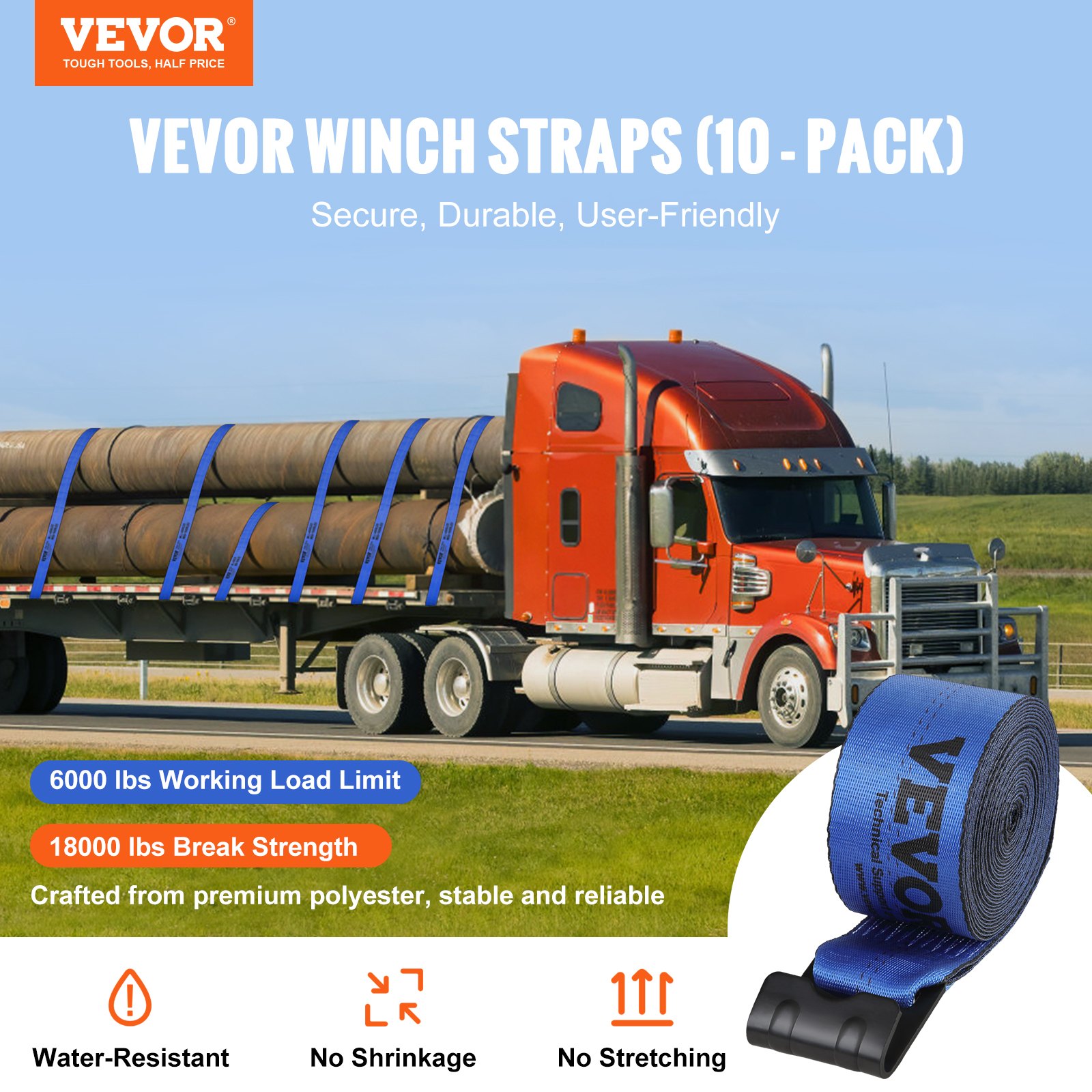 VEVOR flatbed tie-down strap blue webbing detail showing 18000 lb break strength label