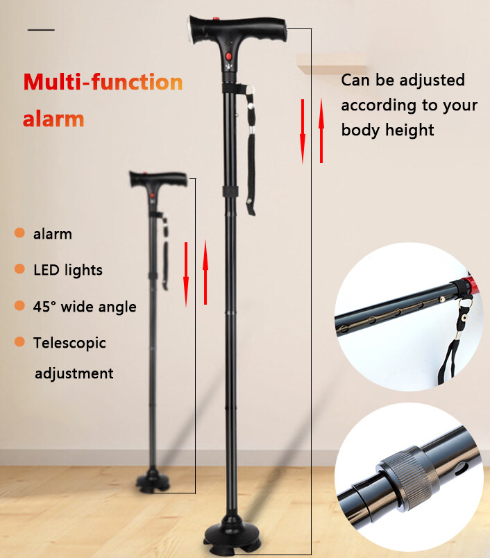 LED Alarm Walking Cane Stick For Men And Women With Adjustable Heights Folding 5 Level
