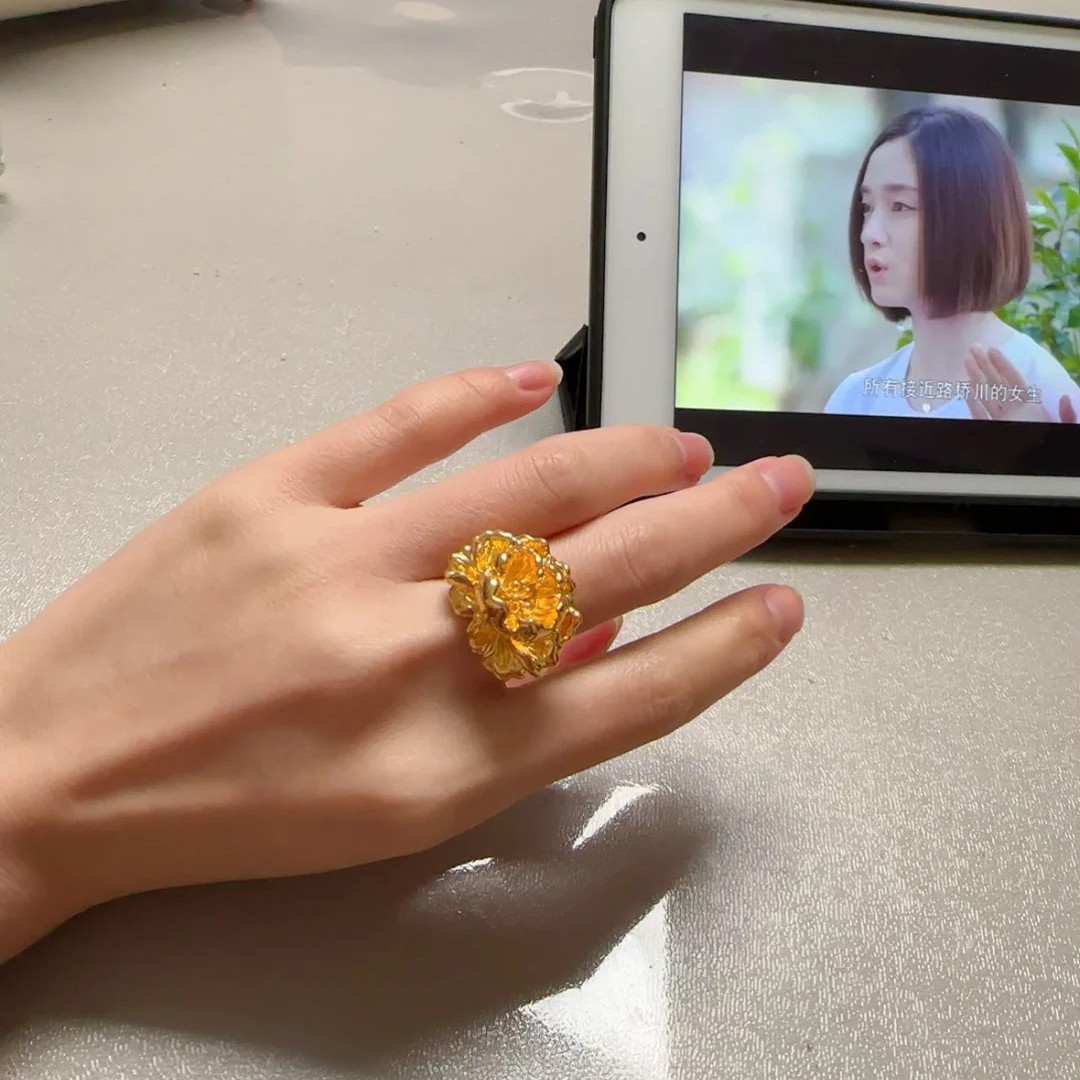New Chinese Style Peony Gold Ring For Women, Retro National Style Luxury High-end Large Flower Finger Ring