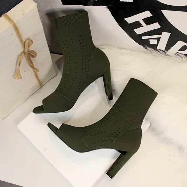 Square Fish Mouth Toe Skinny Middle Tube Knitted Ankle Boots Green - Shop at LoveMi