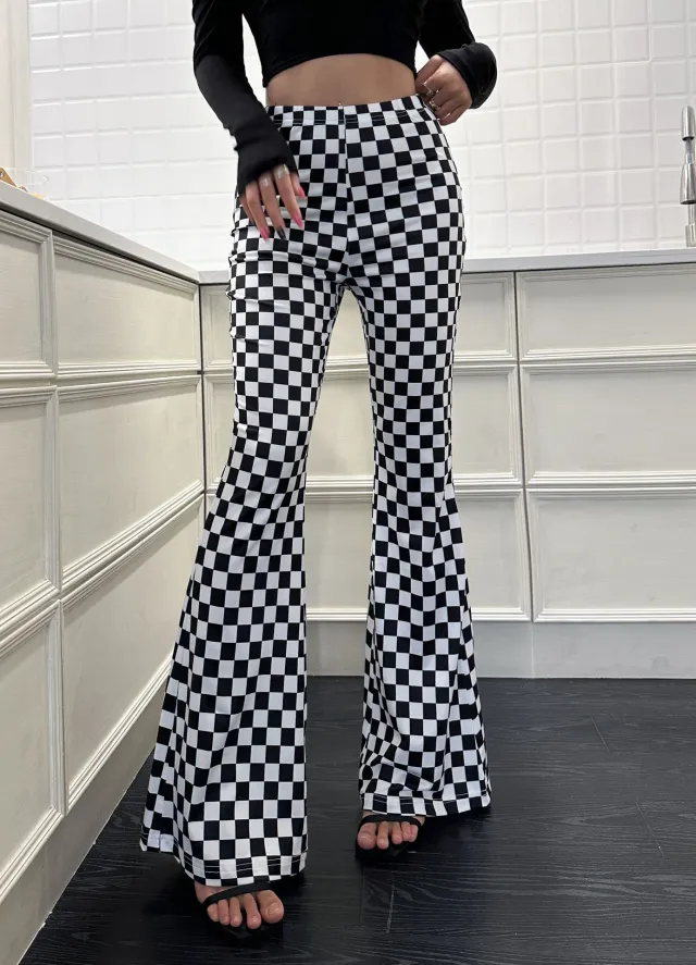 New Checkerboard Flare Pants Women's Fitness Yoga Clothes High Waist Showing Long Legs Tight Nude Sports Leisure Street Style Black And White - Shop at LoveMi