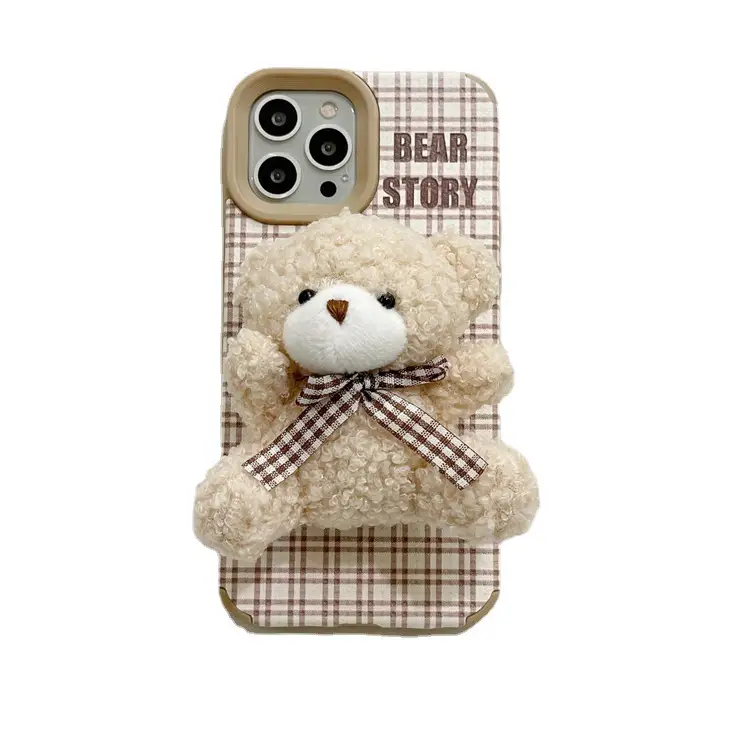 Line Plaid Plush Bear Stand Phone Case
