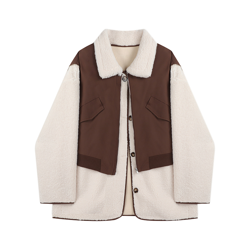 Women's Fake Two-piece Lamb Wool Loose Casual Stitching Jacket