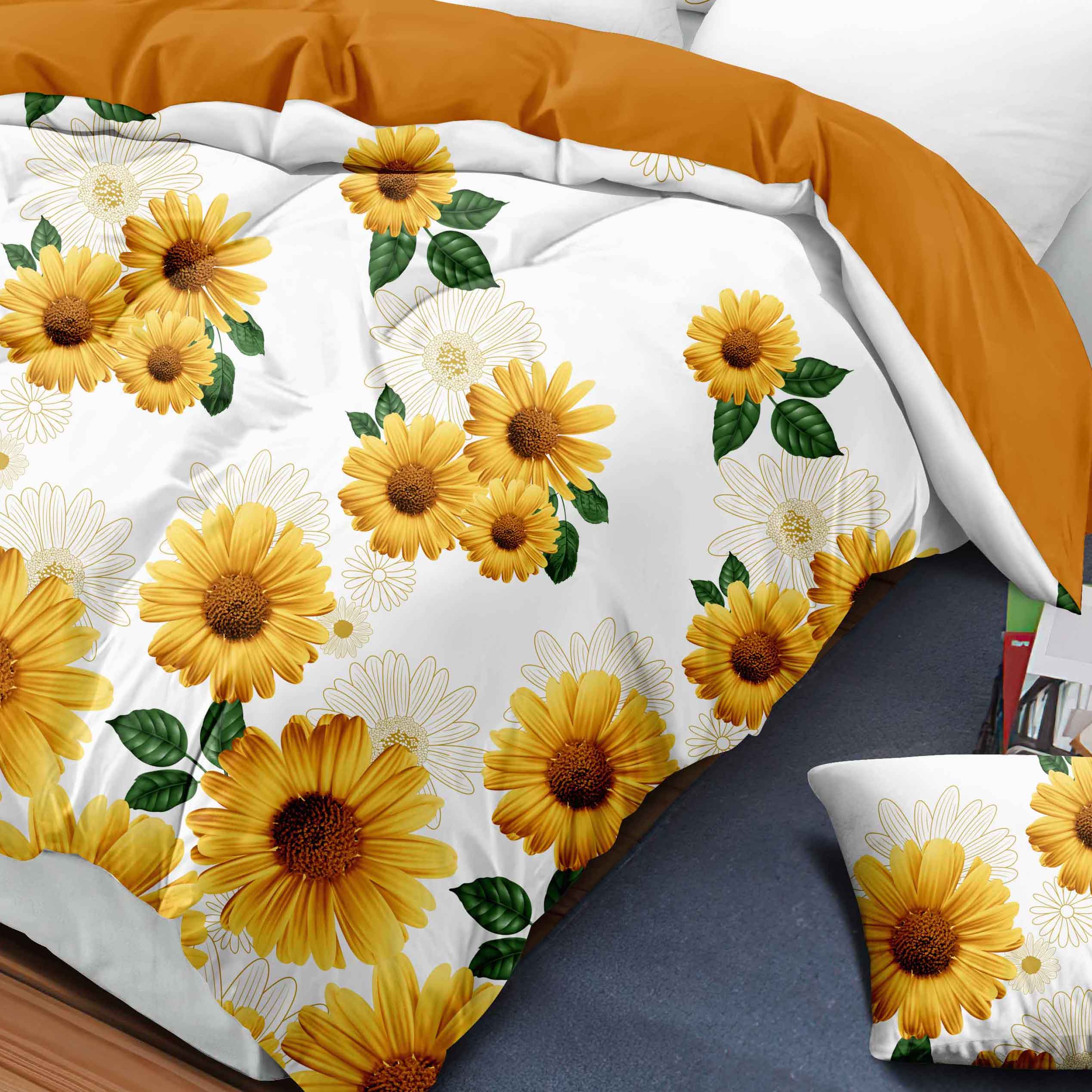 9-Piece White And Yellow Daisy Bedspread And Curtain Set, Reversible Microfiber Bedding Set For King