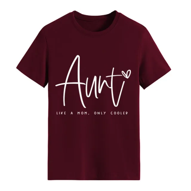 AUNT LIKE A MOM Fashion Round Neck Loose Short Sleeves Wine Red White Font - Shop at LoveMi
