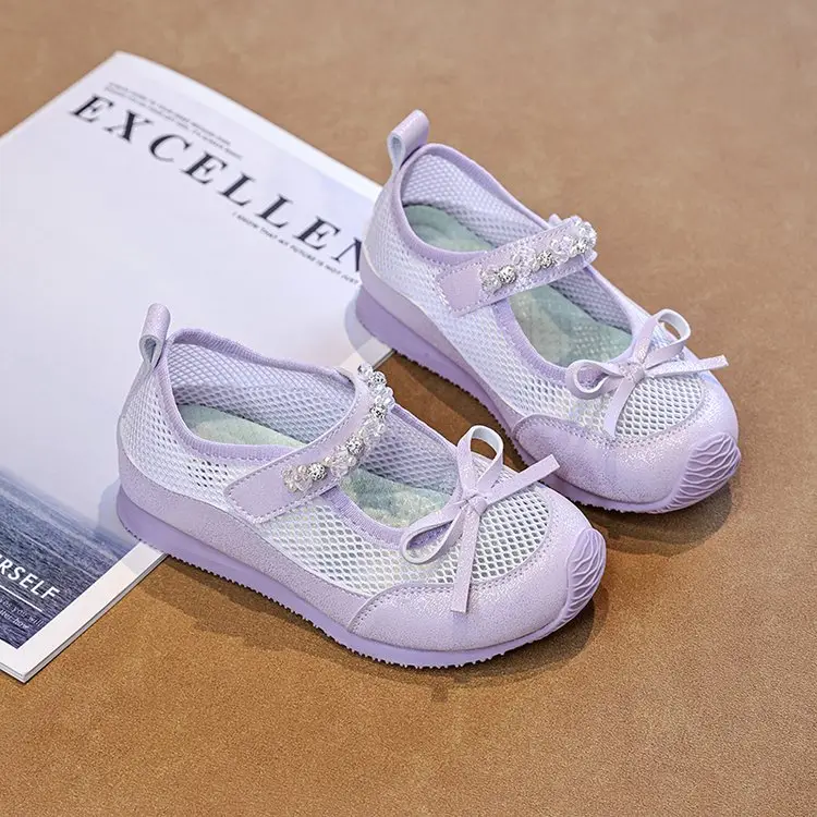 2026 Summer New Girls Ballet Shoes, Mary Jane Sandals With Bow & Rhinestone, Breathable Soft Sole Kids Shoes