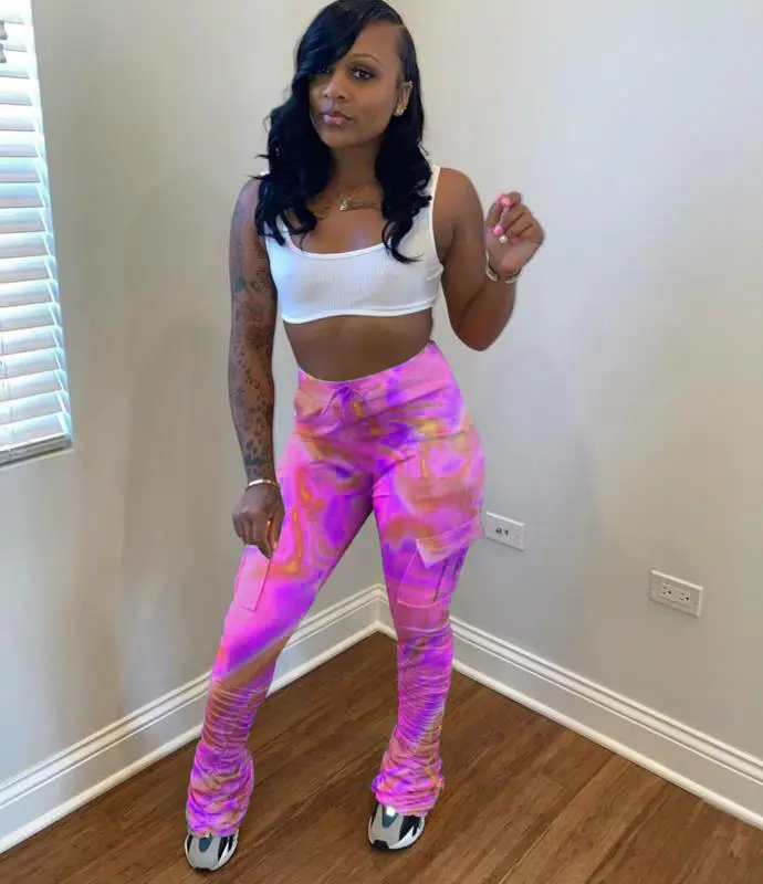 New Printed Pleated Micro-Flare Track Pants
