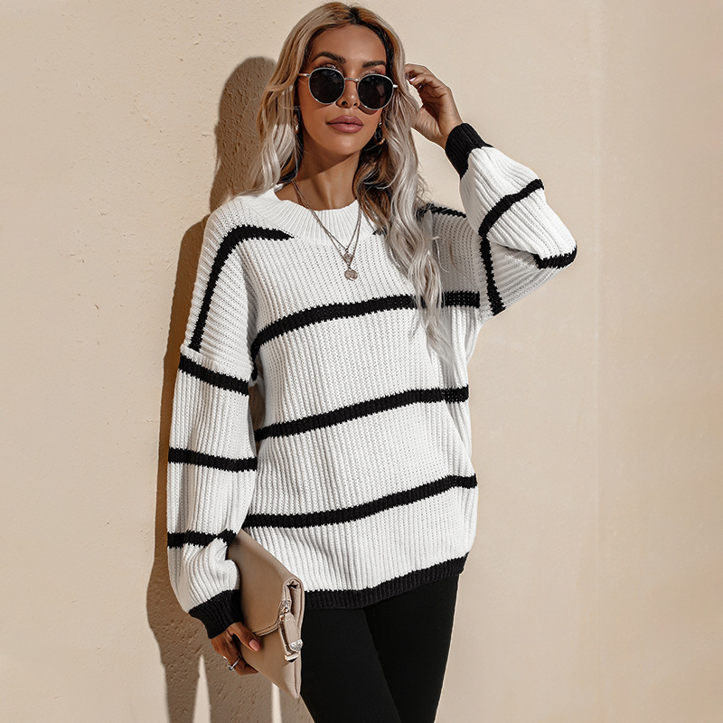 Title 2, Womens Loose Fashion Striped Pullover Knitted ...