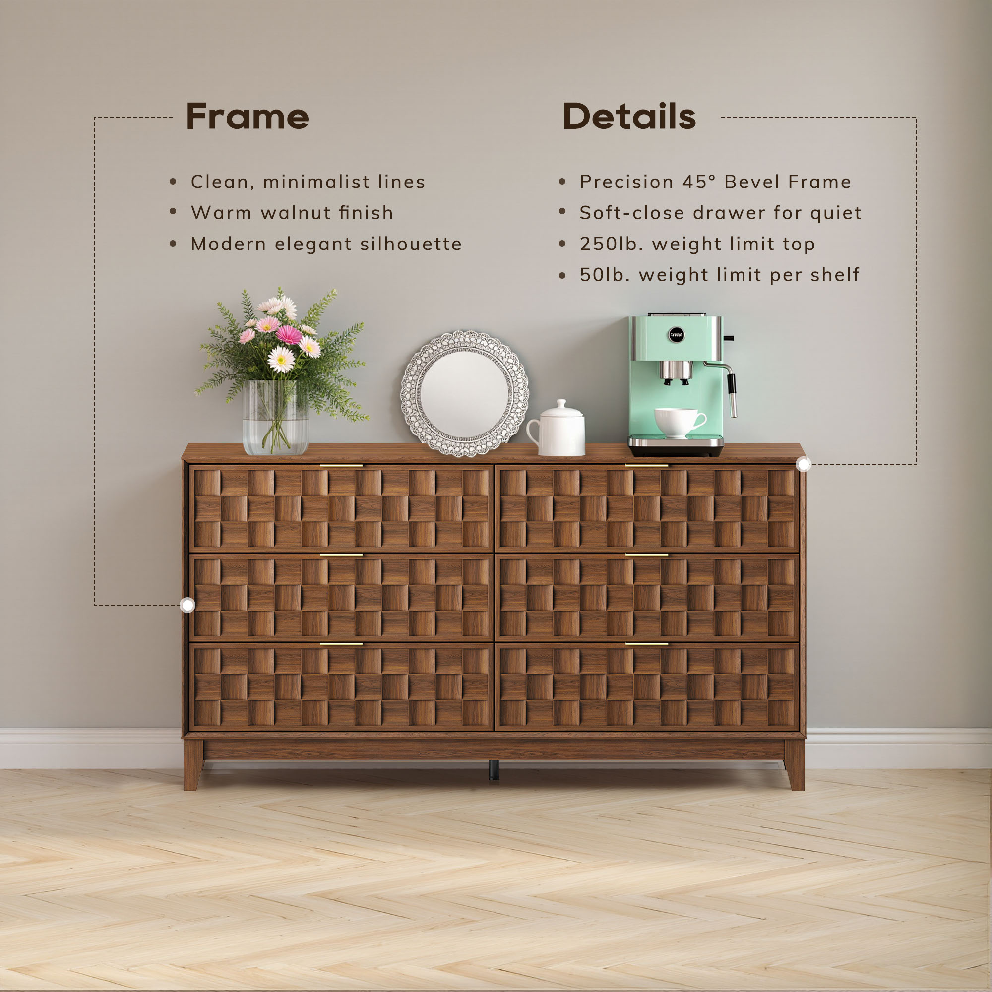 Modern Wooden 6 Drawer Dresser 55in, Side Board Buffet Storage Cabinet, Accent Cabinet With Metal Handles, Oak