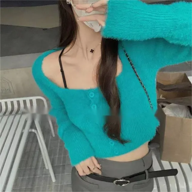 Square Collar Gentle Style Slim Fit Women's Knitted Sweater Top Blue - Shop at LoveMi